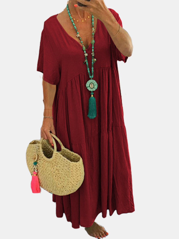 Damen luftiges Boho-Maxikleid mit schwingendem Saum und tiefem V-Ausschnitt EB
