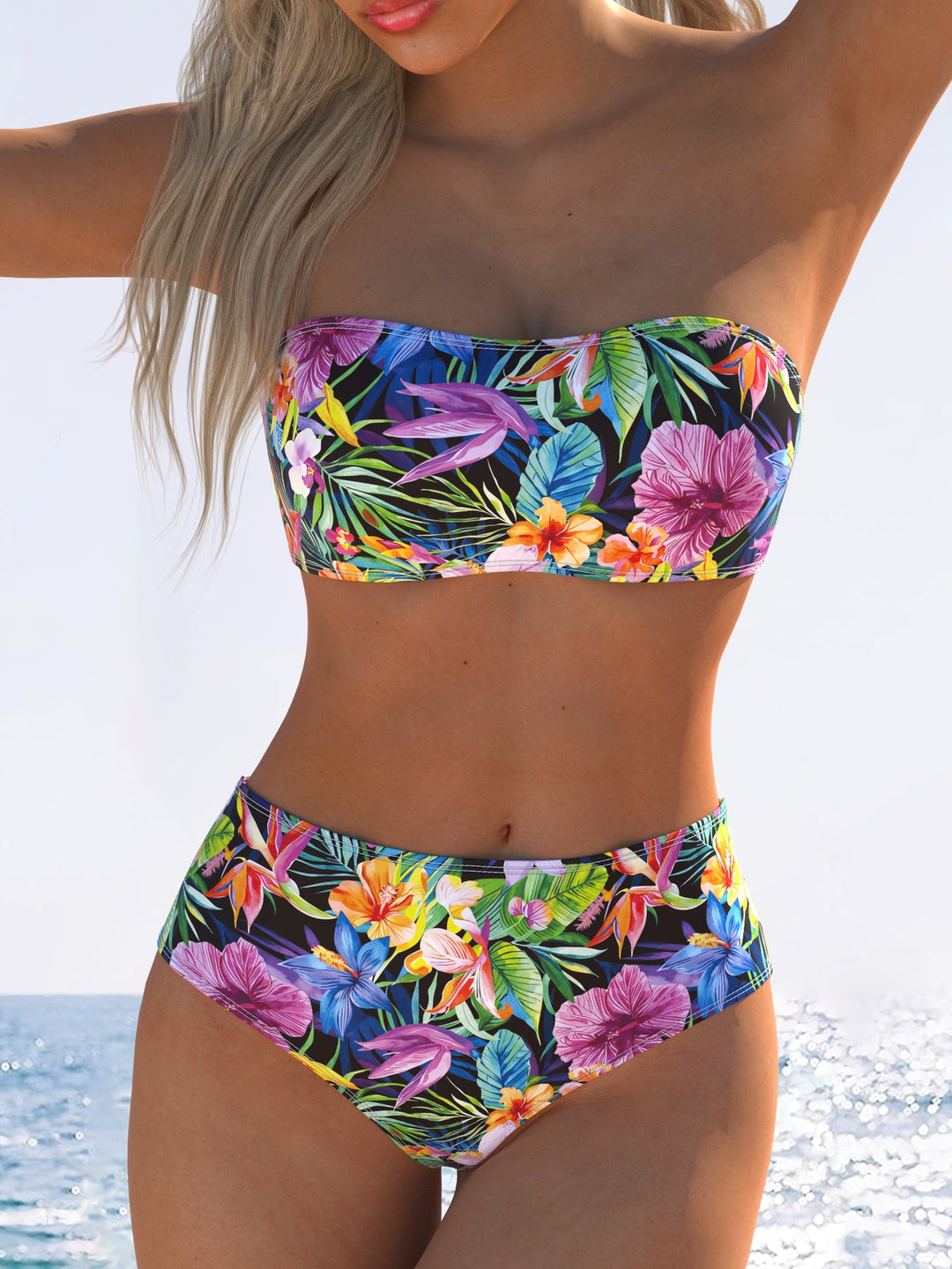 Damen Bandeau-Bikini mit hohem Taillenschnitt und buntem Tropenmotiv EB