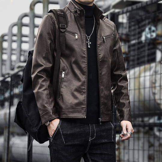 Herren Kunstleder-Motojacke mit hohem Stehkragen und Reißverschlusstaschen EB