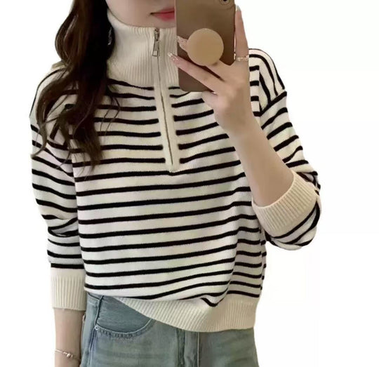 Damen Strickpullover mit kurzem Reißverschluss und modischem Streifenmuster EB