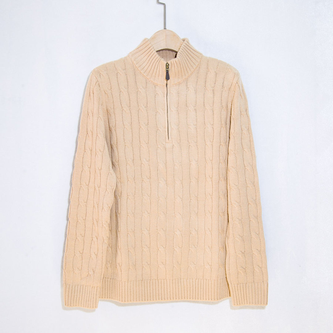 Herren eleganter Strickpullover mit halbem Reißverschluss und Zopfstrickmuster EB