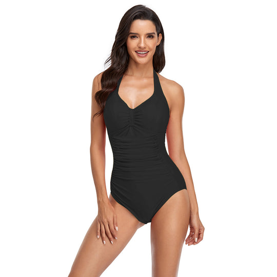 Damen eleganter einteiliger Badeanzug mit tiefem V-Ausschnitt und figurformenden Rüschen EB