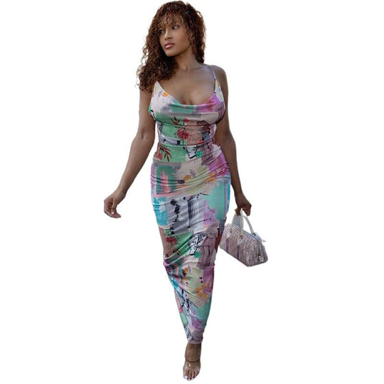 Damen bodenlanges Kleid mit dekorativem Grafiken EB