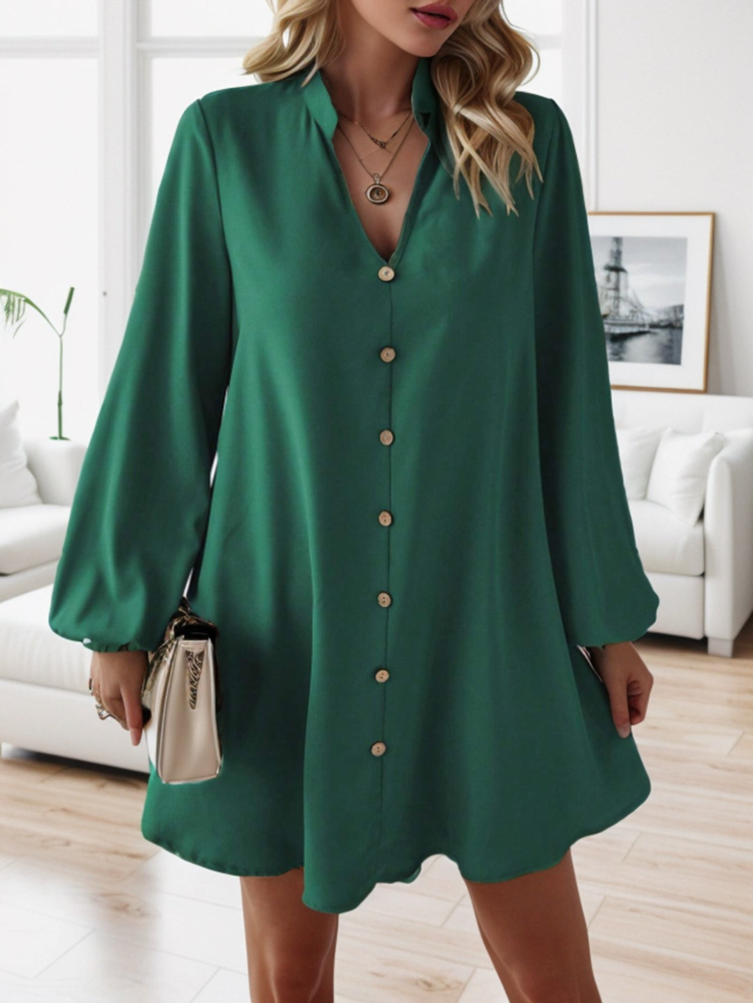 Damen kurzes Kleid mit Knopfleiste und eleganten Puffärmeln EB