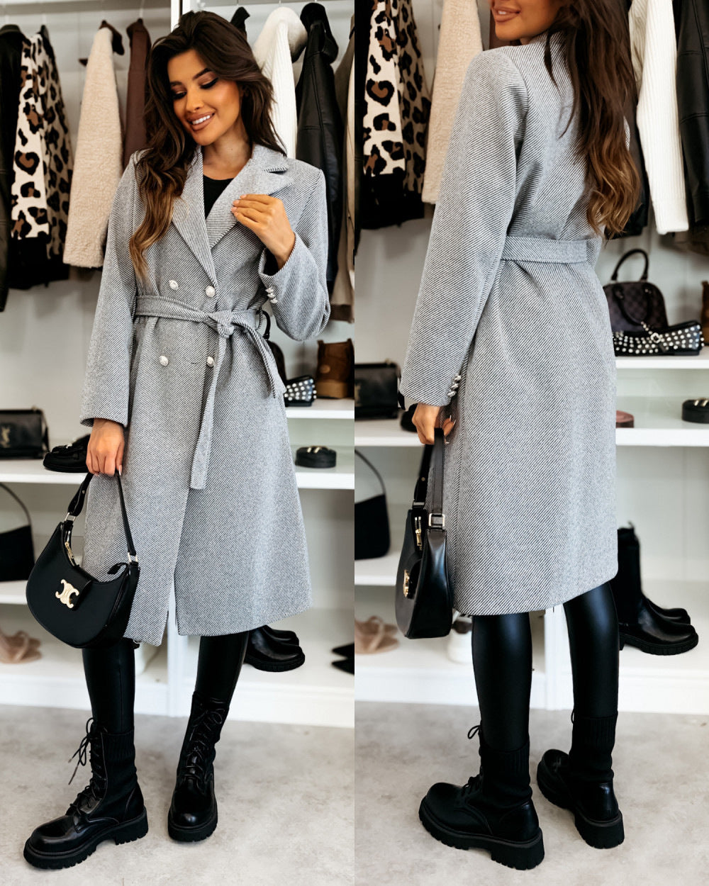 Damen Eleganter Trenchcoat mit taillierbarem Gürtel und Doppelreiher EB