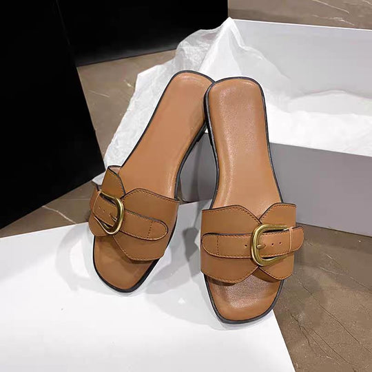 Damen modische Badeschuhe mit trendigem Riemen und goldfarbener Schnalle EB