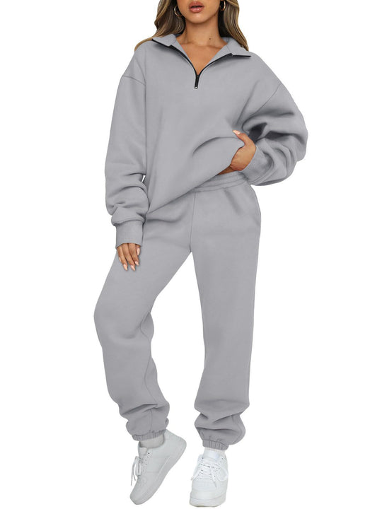 Damen nan Halbzip-Loungewear-Set mit übergroßem Kragenpullover und taillierter Jogginghose mit elastischem Bund EB