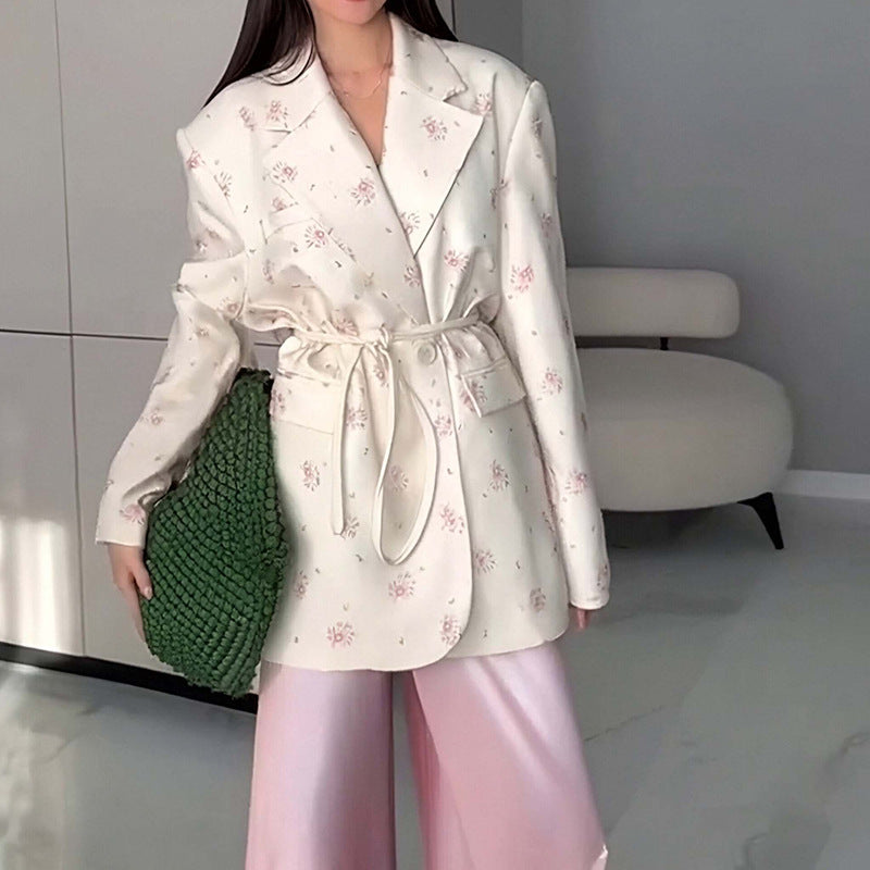 Damen nan taillierter Blumenblazer mit Bindegürtel und Reverskragen EB