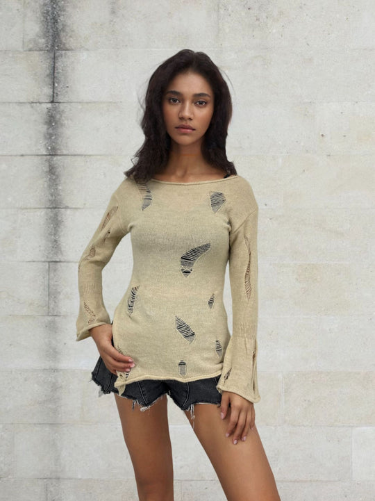 Damen Modischer Strickpullover mit dezenten Lochmuster und lässigem Schnitt EB