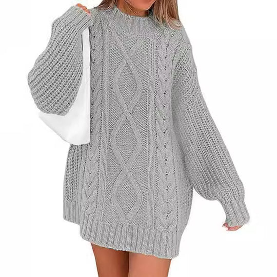 Damen Grobstrick Pulloverkleid mit asymmetrischem Saum und Zopfdesign EB