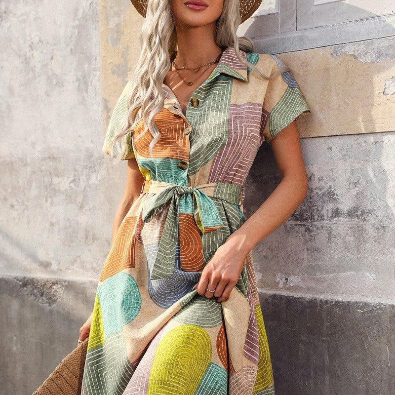 Damen Hemdkleid mit buntem geometrischem Muster und Taillengürtel EB