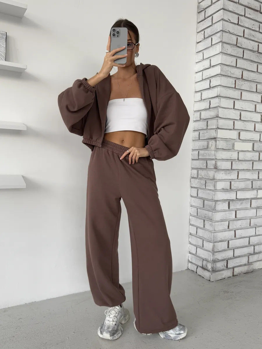 Damen Lounge-Set Cropped-Zip-Hoodie mit Oversize-Ärmeln und High-Waist Palazzo-Jogger EB