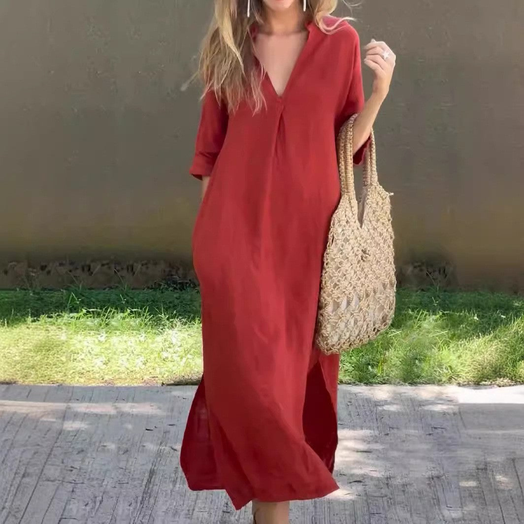 Damen Maxikleid mit modischem V-Ausschnitt und eleganten Seitenschlitzen EB