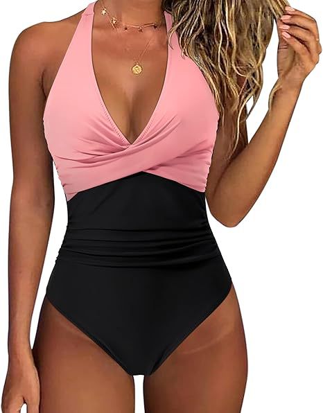 Damen Hochtaillierter Badeanzug mit tiefem V-Ausschnitt und floralem Design EB