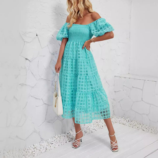 Damen Midikleid mit Off-Shoulder-Design und luftigen Puffärmeln EB