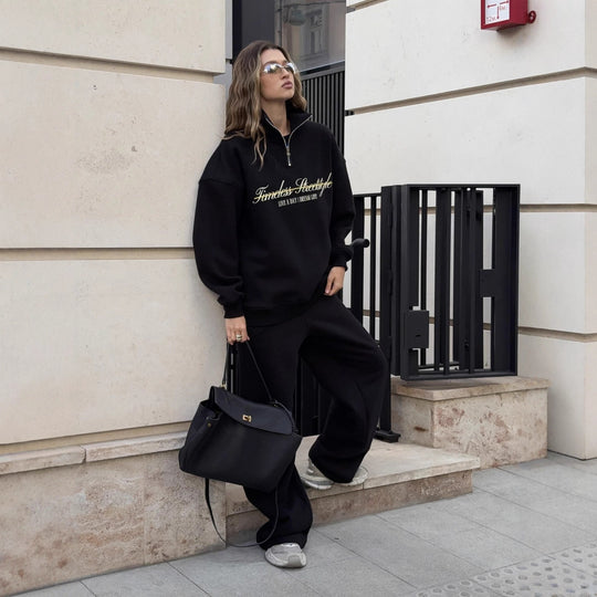 Damen nan oversized Halbzip-Sweatshirt mit hohem Stehkragen und Statement-Print EB