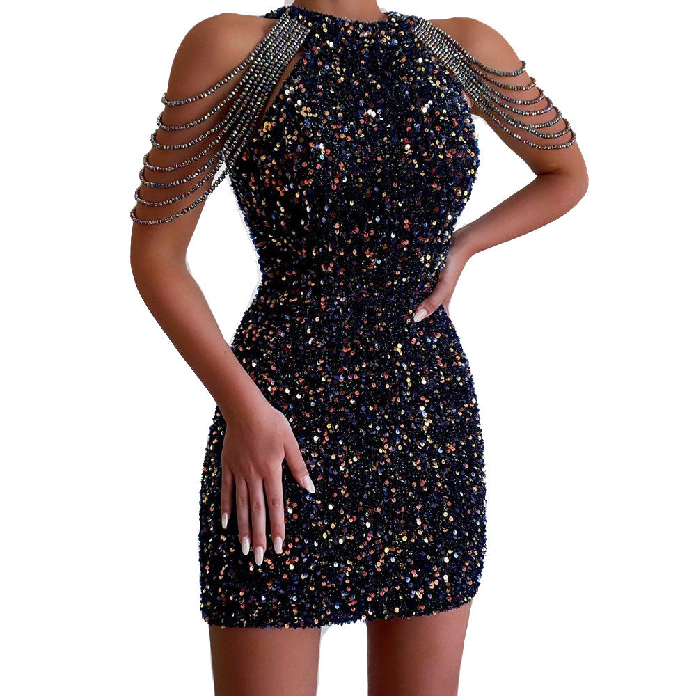 Damen Glitzerndes Partykleid mit eleganten Spaghettiträgern und dezentem Detail EB