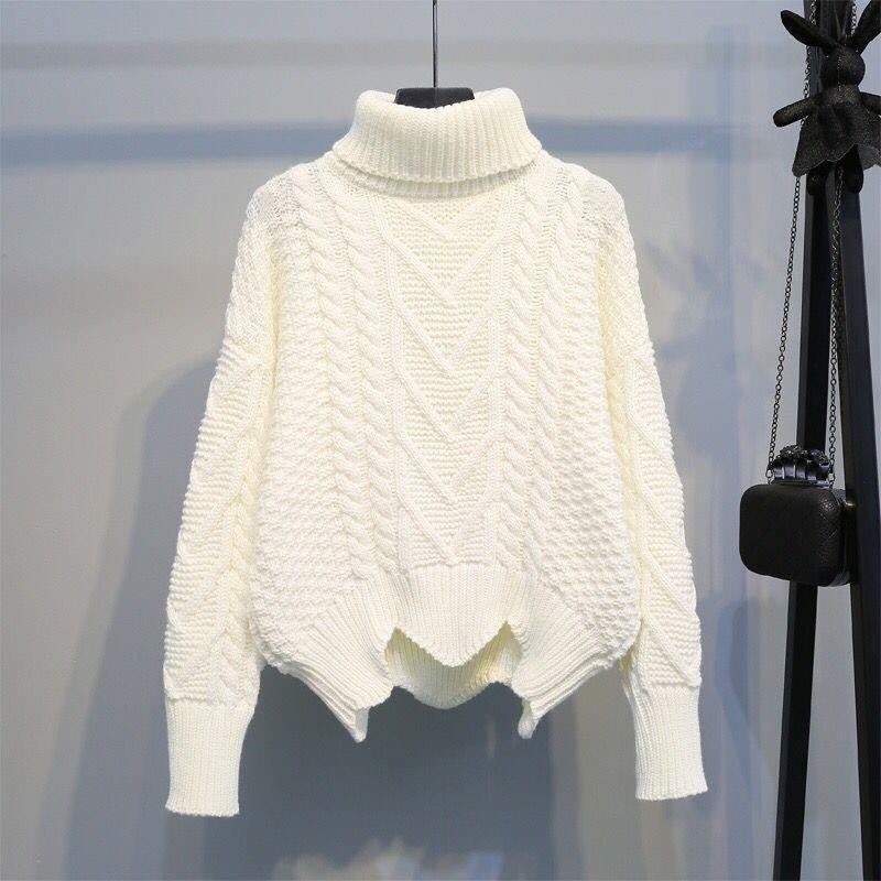 Damen Grobstrickpullover mit hochgeschlossenem Kragen und Zopfmuster EB
