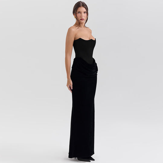 Damen elegantes A-Linien-Maxikleid mit gerafftem Oberteil und trägerlosem Design EB