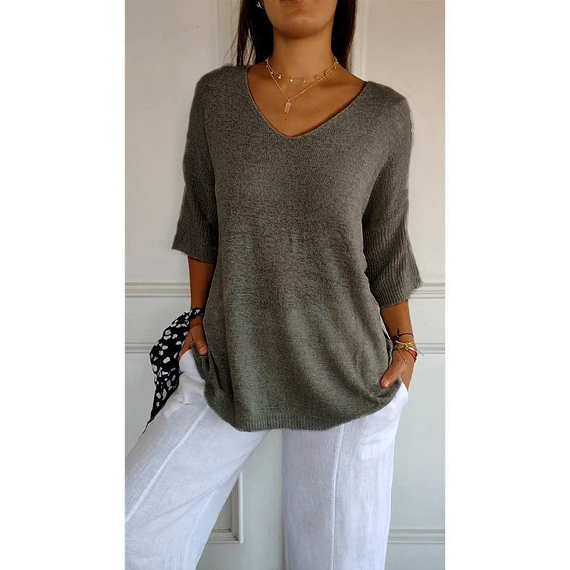 Damen nan locker sitzender V-Ausschnitt Feinstrickpullover mit dreiviertelÄrmeln EB
