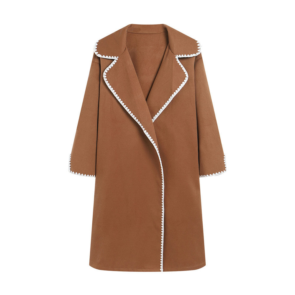 Damen eleganter Mantel mit stilvollem Umschlagkragen und kontrastierenden Ziernähten EB