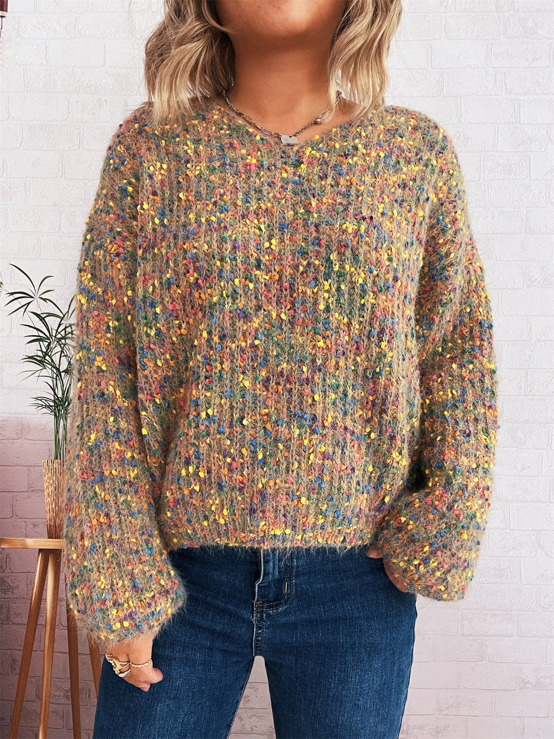 Damen komfortabler Strickpullover mit buntem Strukturmuster und weit geschnittenen Ärmeln EB