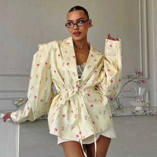Damen nan taillierter Blazer mit Bindegürtel, Reverskragen und Schulterpolstern EB