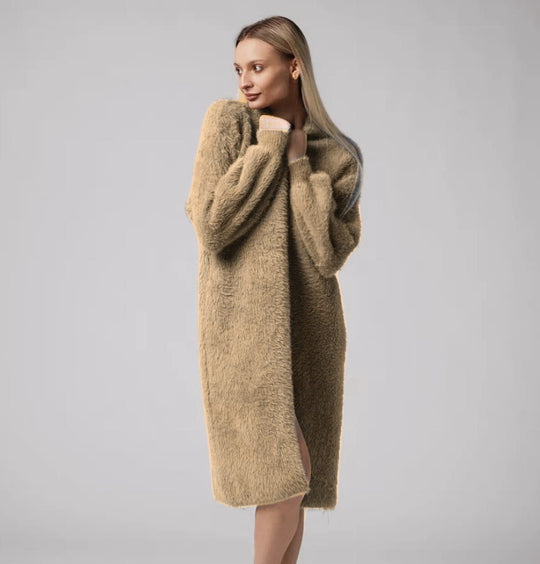 Damen Flauschiger Langstrickmantel mit seitlichem Schlitz und lockerer Passform EB