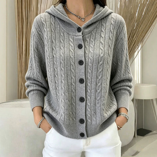 Damen Kapuzen-Cardigan mit Zopfmuster und durchgehender Knopfleiste EB