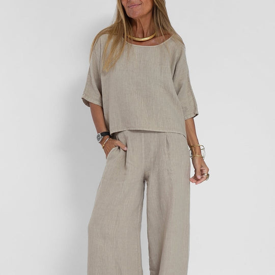 Damen lässiges Leinen-Set mit weitem Oberteil und palazzo Hosen EB