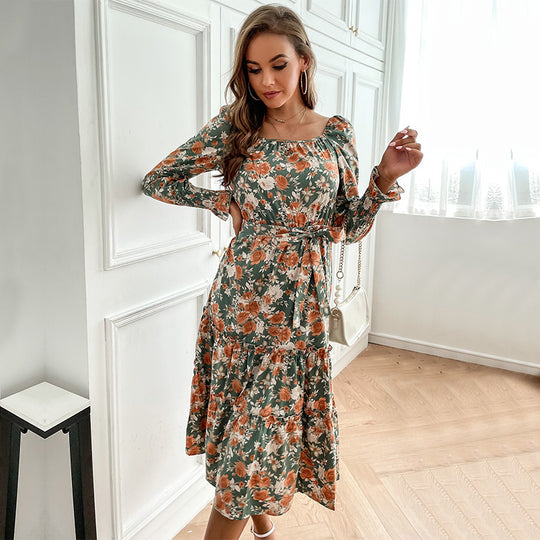 Damen Maxikleid mit elegantem floralen Design und taillierbarem Gürtel EB