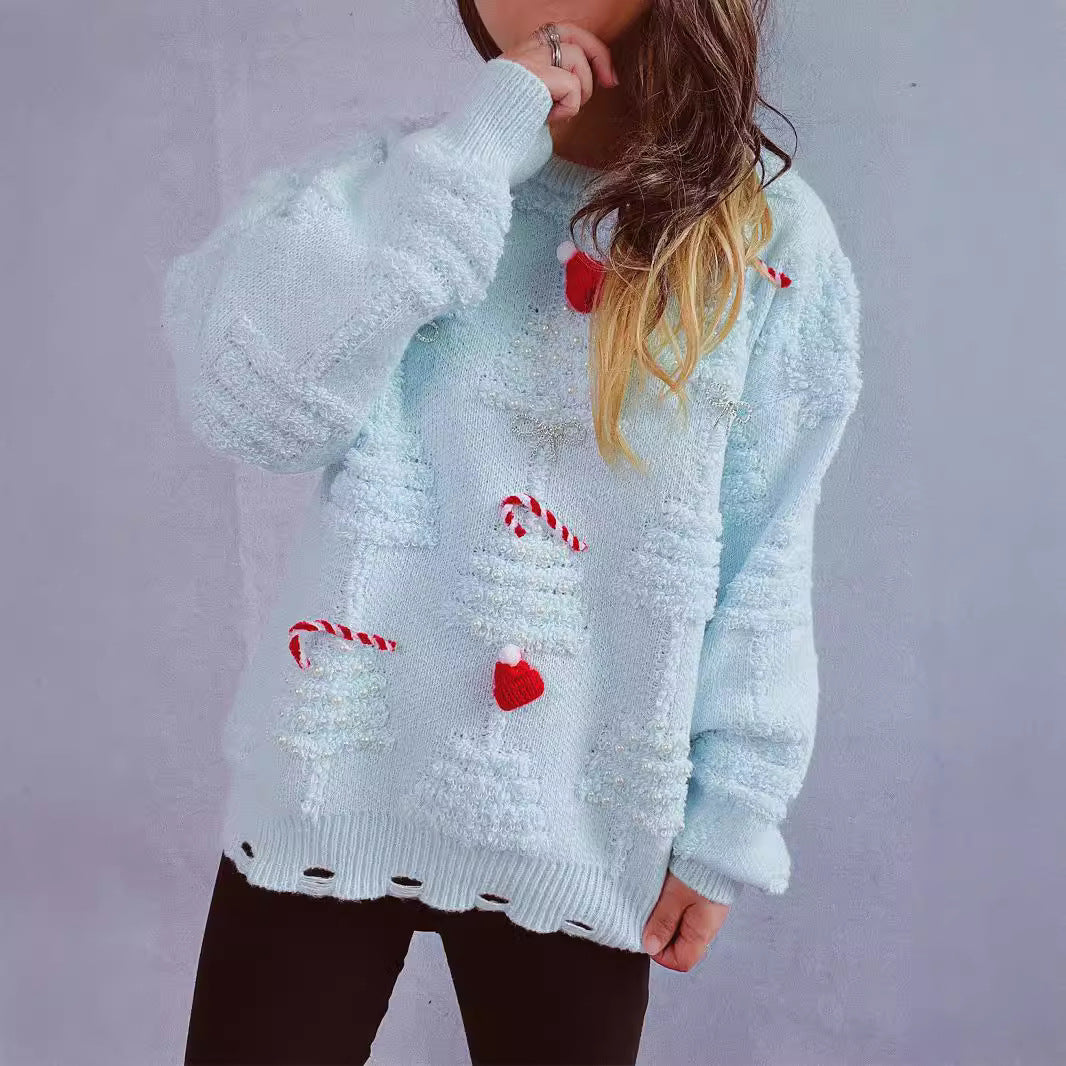 Damen festlicher Pullover mit kreativen Weihnachtsmotiven und strukturiertem Design EB