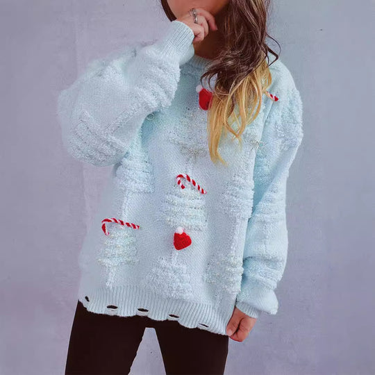 Damen festlicher Pullover mit kreativen Weihnachtsmotiven und strukturiertem Design EB