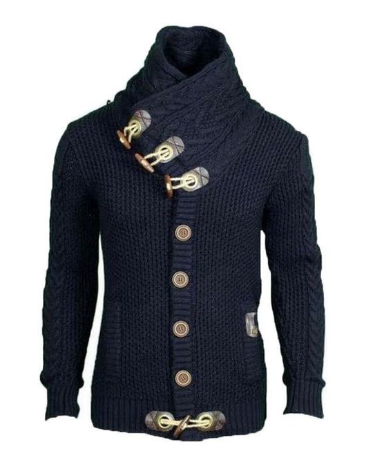 Herren gestrickter Cardigan mit hohem Kragen und modernen Holzknebel EB