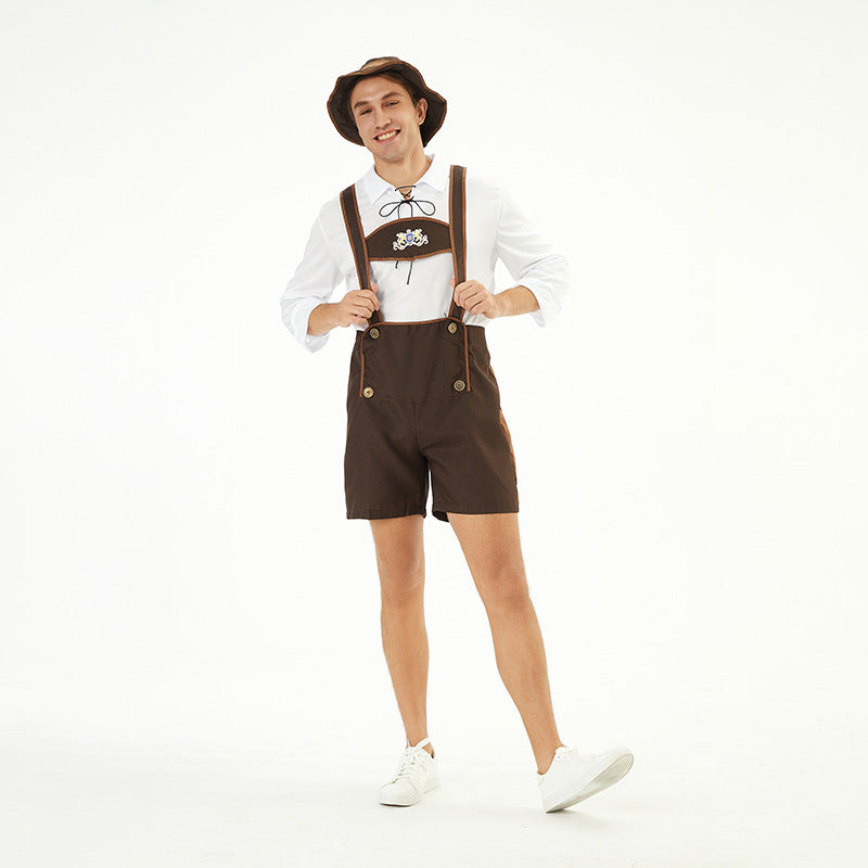Herren nan traditionelle Kurzlederhose mit verstellbaren Trägern und dekorativem Brustlatz EB