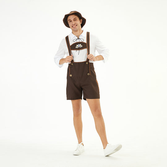 Herren nan traditionelle Kurzlederhose mit verstellbaren Trägern und dekorativem Brustlatz EB