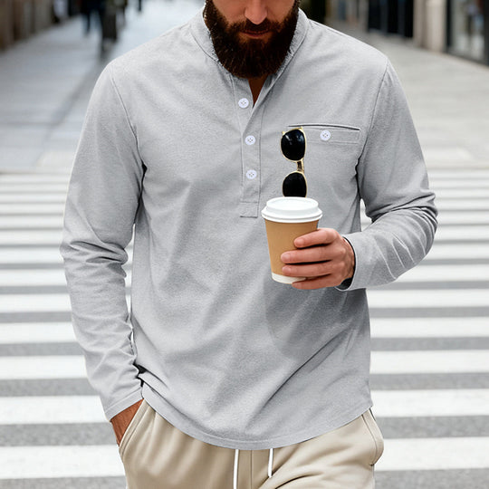 Herren nan lässiges Langarm-Henleyshirt aus Baumwollmischung mit Brusttasche EB