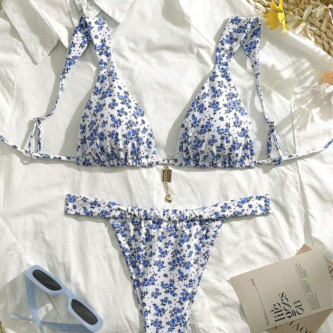 Damen Triangel-Bikini mit floralen Mustern und verstellbaren Trägern EB