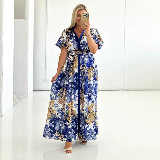 Damen Maxikleid mit floralem Print und eleganter Knopfleiste EB