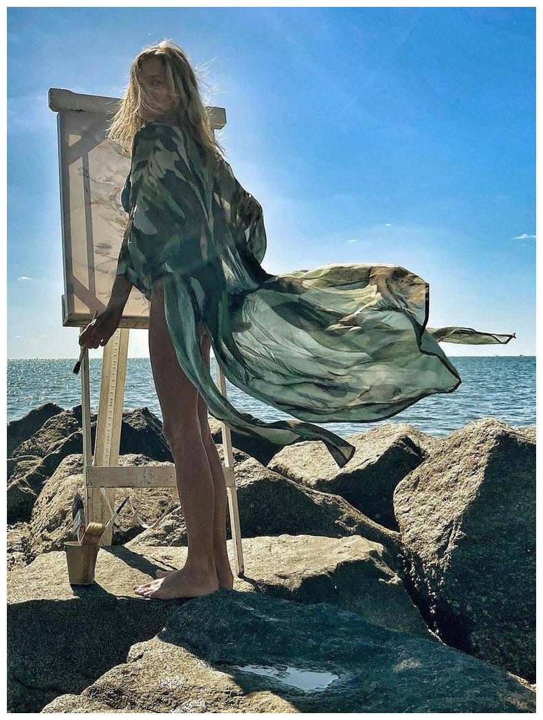 Damen elegantes Kaftan-Kleid mit einzigartigem Camouflage-Design und Taillengürtel EB