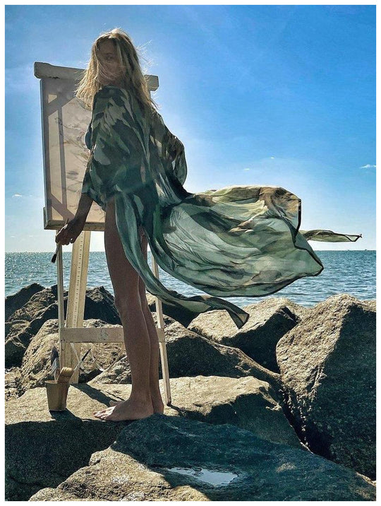 Damen elegantes Kaftan-Kleid mit einzigartigem Camouflage-Design und Taillengürtel EB
