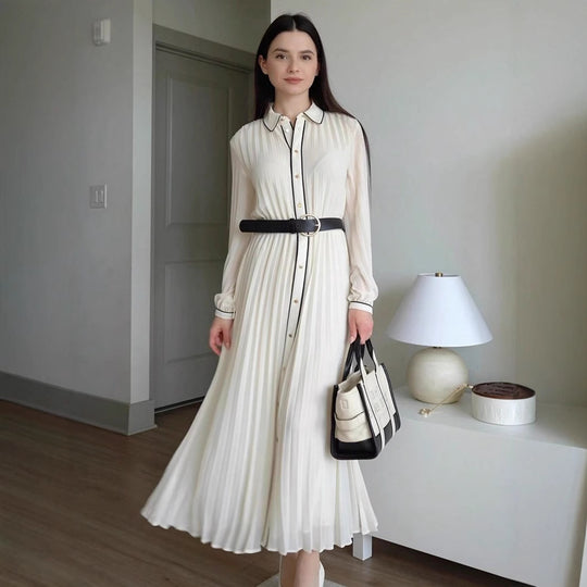 Damen elegantes plissiertes Maxikleid mit feinem Kragen und Gürtel EB