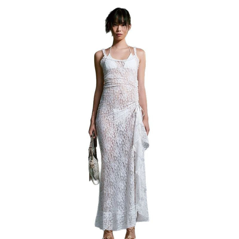 Damen Elegantes Spitzen-Maxi-Kleid mit seitlichem Schlitz und gerafftem Design EB