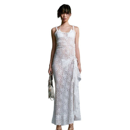 Damen Elegantes Spitzen-Maxi-Kleid mit seitlichem Schlitz und gerafftem Design EB
