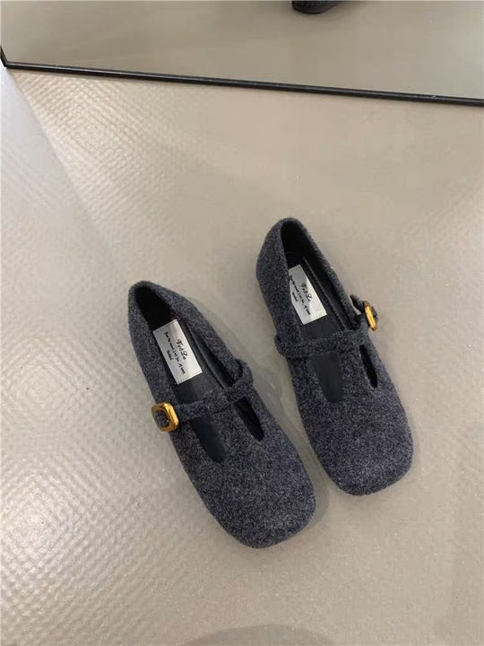 Damen elegante Filz-Ballerinas mit dekorativem Riemchen und bequemer Sohle EB