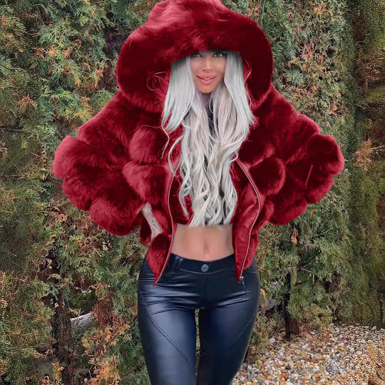 Damen Kuschelige Kunstfelljacke mit voluminösem Kapuzenkragen EB