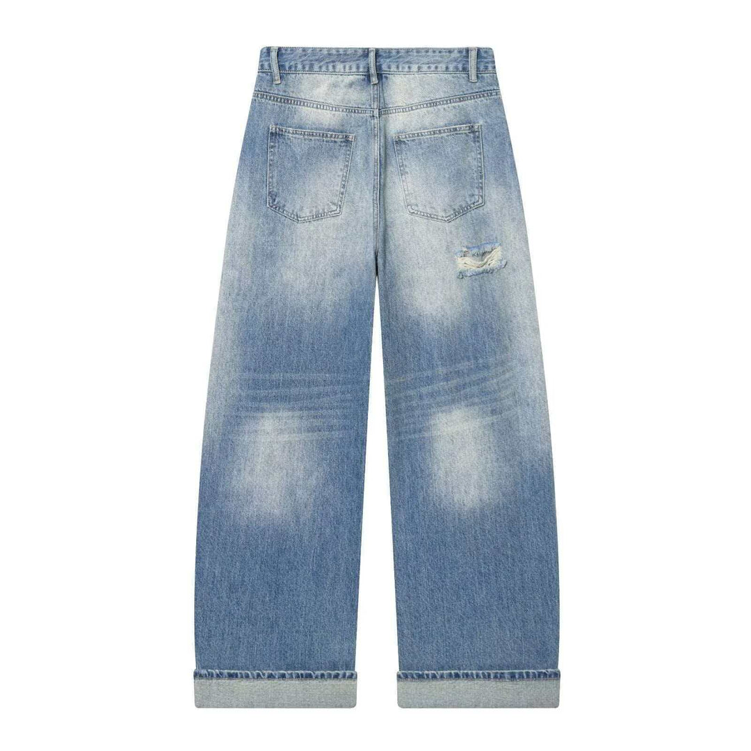 Damen nan weite High‑Waist Ripped Jeans mit Straight‑Leg, aufgekrempeltem Saum und klassischen Taschen EB