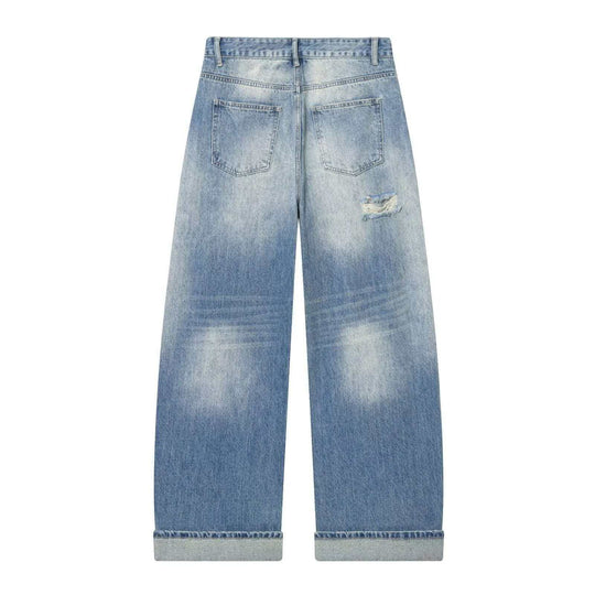 Damen nan weite High‑Waist Ripped Jeans mit Straight‑Leg, aufgekrempeltem Saum und klassischen Taschen EB