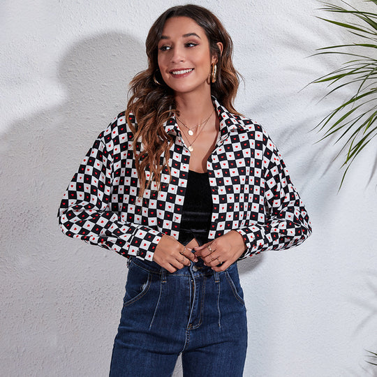 Damen Modische Karokbluse mit Herzen und cropped Schnitt EB