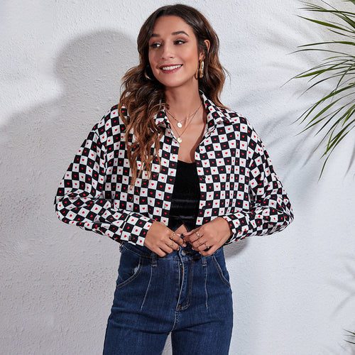 Damen Modische Karokbluse mit Herzen und cropped Schnitt EB